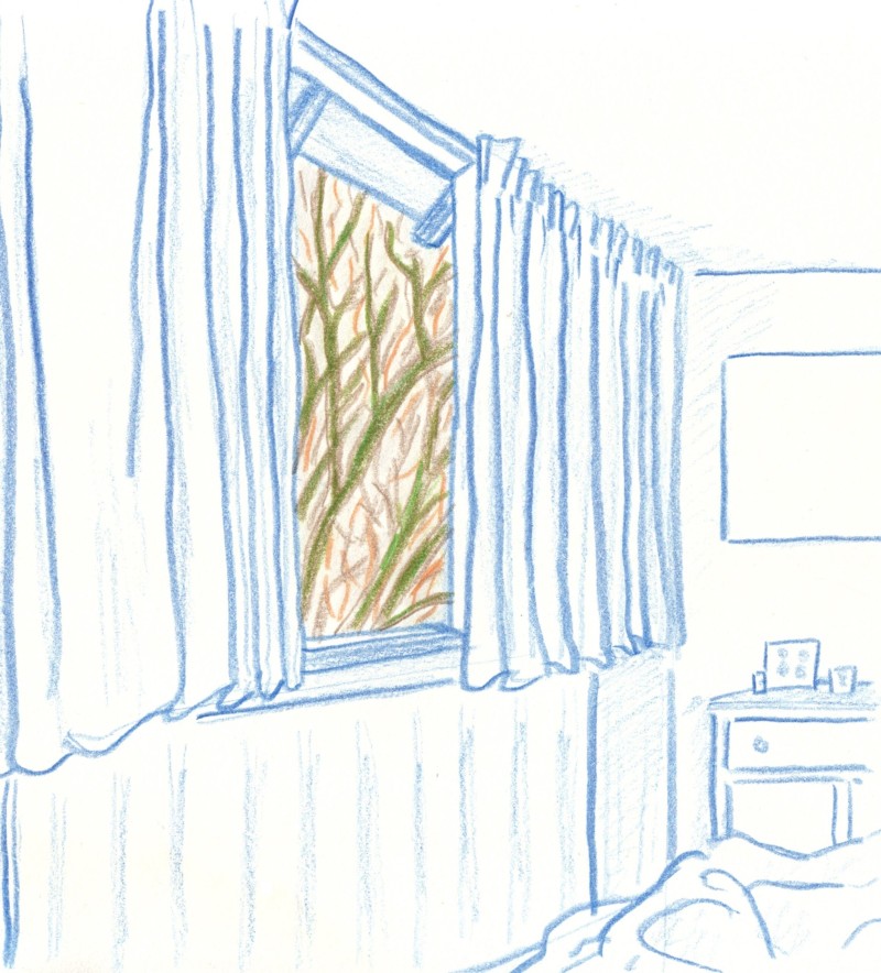 tekening van slaapkamer met blik op venster