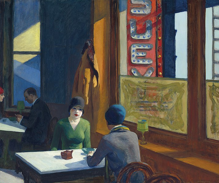 schilderij door Edward Hopper, twee dames aan tafel in restaurant