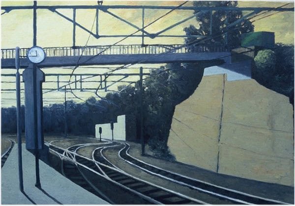 schilderij van treinperron met loopbrug